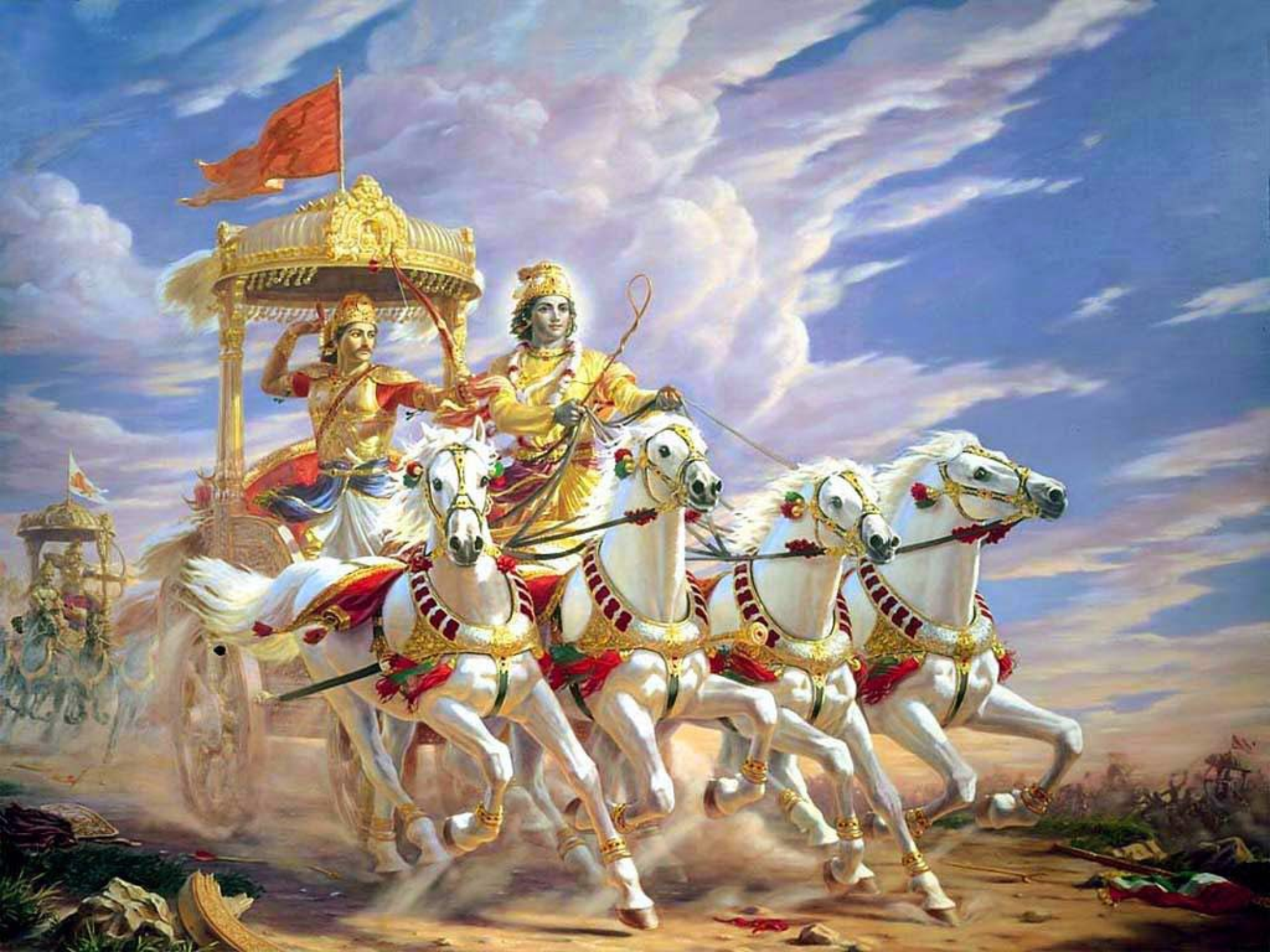 Krishna en Arjuna op de strijdwagen